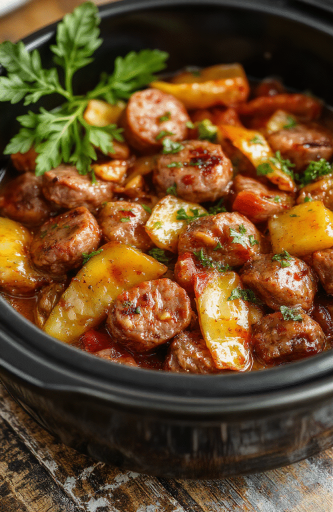 A vibrant plate of slow cooker sausage and peppers, featuring golden-brown sausages nestled among colorful red and green bell peppers, all topped with fresh herbs. The dish is beautifully styled with a rustic wooden background, capturing textures of the juicy sausages and tender peppers with a glossy glaze and a sprinkle of herbs, inviting comfort and hearty flavor.