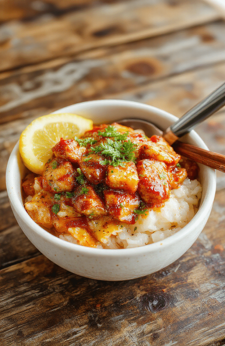 A vibrant bowl filled with glossy, caramelized chicken pieces atop fluffy white rice, garnished with chopped green onions and sesame seeds, styled with a colorful background and natural lighting highlighting the textures and rich colors.