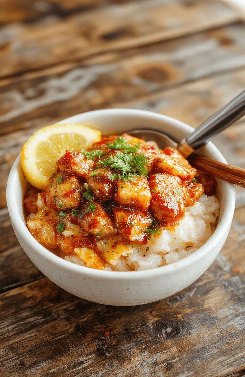 A vibrant bowl filled with glossy, caramelized chicken pieces atop fluffy white rice, garnished with chopped green onions and sesame seeds, styled with a colorful background and natural lighting highlighting the textures and rich colors.