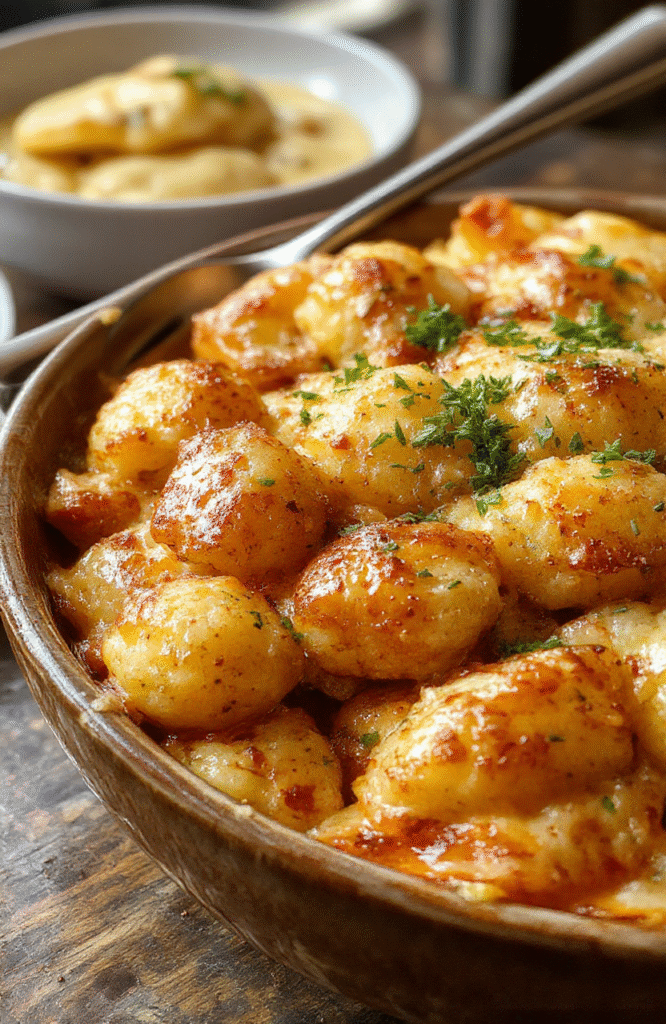 A colorful baked Tater Tot casserole served in a rustic dish, topped with melted cheese, crispy golden tater tots, garnished with fresh herbs, and set on a wooden table with a cozy, inviting background.