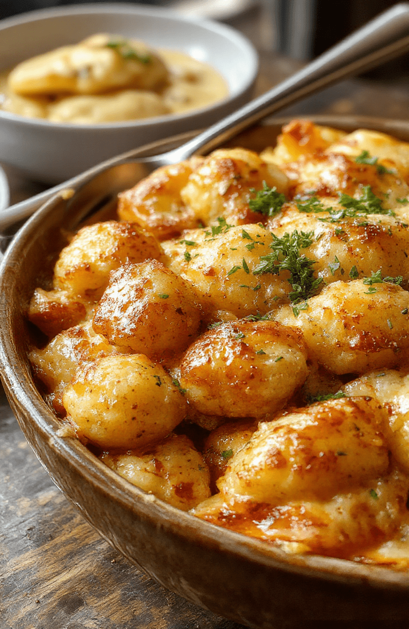 A colorful baked Tater Tot casserole served in a rustic dish, topped with melted cheese, crispy golden tater tots, garnished with fresh herbs, and set on a wooden table with a cozy, inviting background.