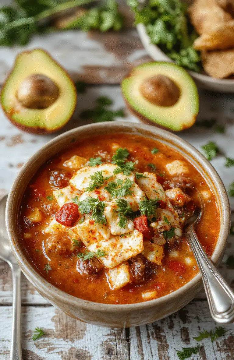 A vibrant bowl of taco soup garnished with fresh cilantro, shredded cheese, and sliced jalapenos, served with a side of crispy tortilla chips, all on a rustic wooden table with a colorful background.