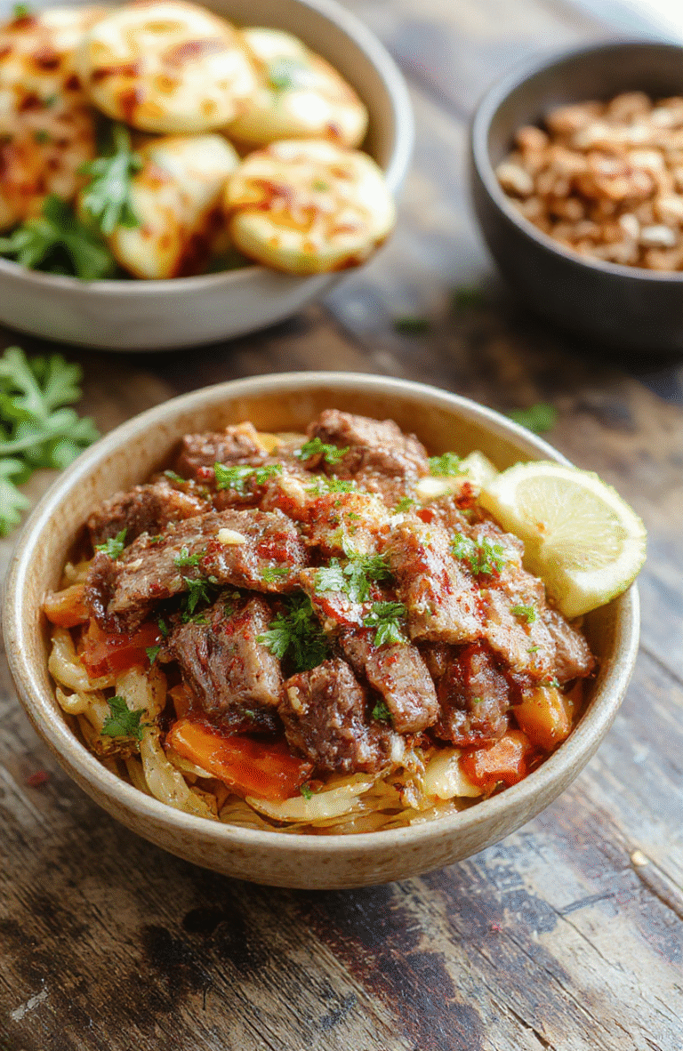 A vibrant bowl featuring sliced grilled steak, colorful sautéed bell peppers and onions, topped with fresh herbs and a drizzle of sauce, served on a rustic wooden plate with fresh lime wedges and cilantro garnish, showcasing a visually appealing and appetizing low carb fajita presentation.