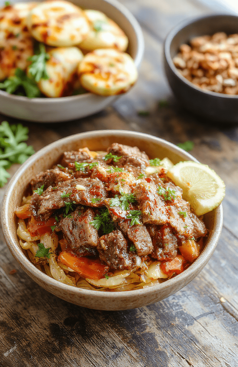 A vibrant bowl featuring sliced grilled steak, colorful sautéed bell peppers and onions, topped with fresh herbs and a drizzle of sauce, served on a rustic wooden plate with fresh lime wedges and cilantro garnish, showcasing a visually appealing and appetizing low carb fajita presentation.