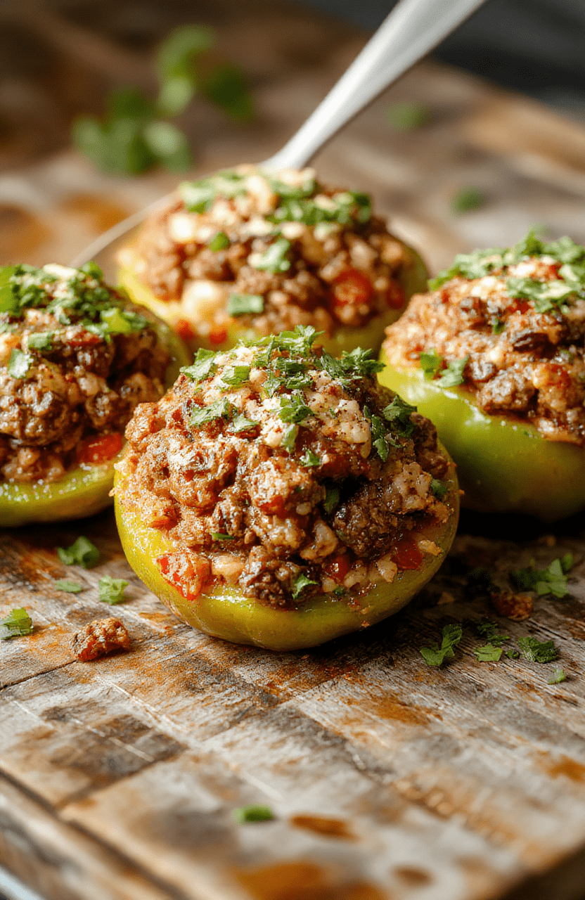 Colorful stuffed bell peppers filled with seasoned ground beef and fluffy rice, topped with melted cheese, arranged on a rustic plate with fresh herbs, vibrant peppers in red, yellow, and green against a neutral background, textured wooden surface, inviting and appetizing.