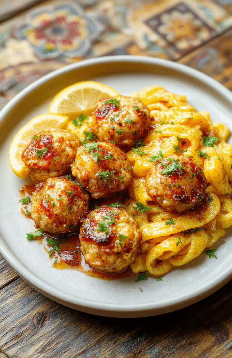A vibrant plate featuring golden Greek chicken meatballs topped with fresh herbs, served alongside bright yellow lemon-infused orzo pasta, garnished with lemon wedges and parsley, styled on a rustic wooden table with a colorful backdrop.