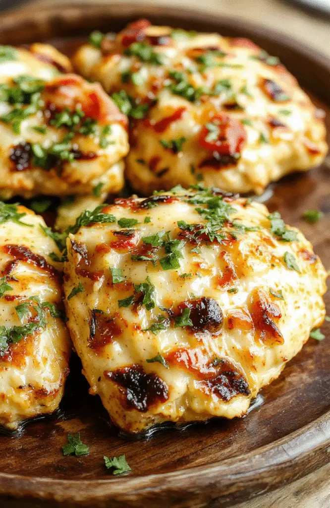 Colorful grilled chicken topped with vibrant green salsa verde and melted pepper jack cheese, served on a rustic wooden plate with fresh herbs and lime wedges, showcasing juicy, charred textures and appetizing presentation.