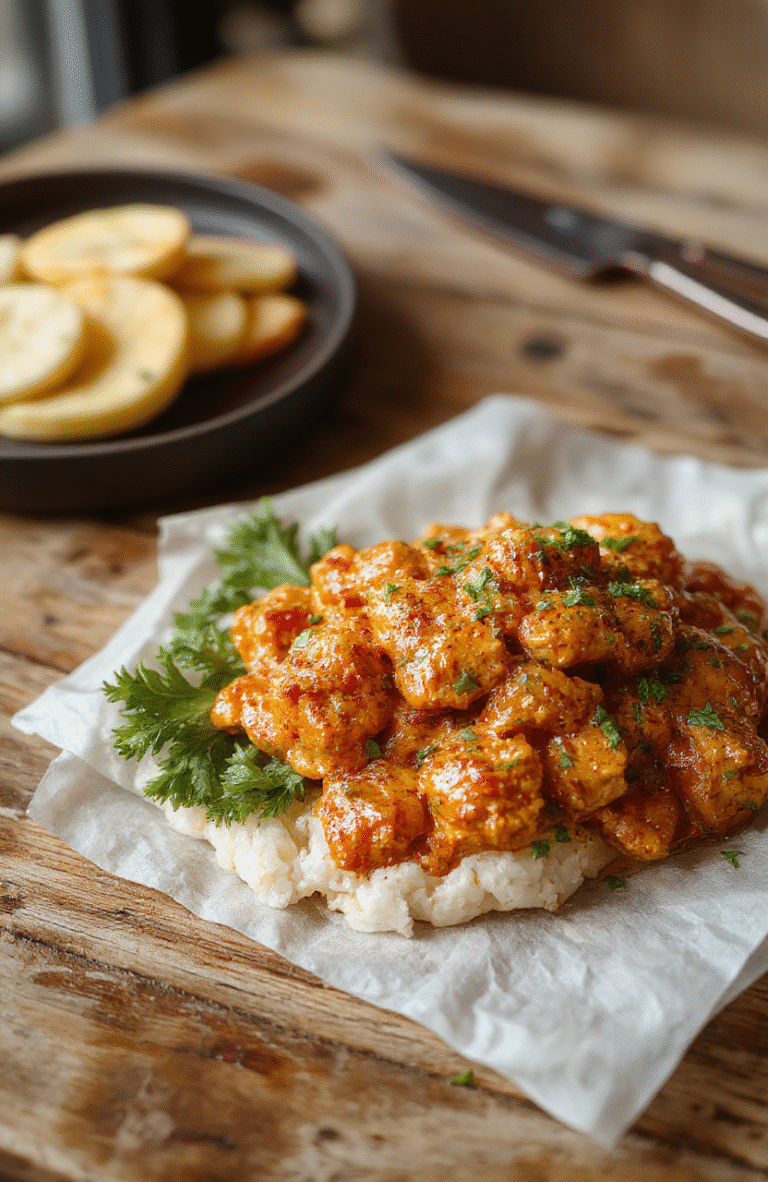 A vibrant bowl of butter chicken featuring creamy reddish-orange sauce, garnished with fresh cilantro, served alongside fluffy basmati rice on a rustic wooden table, with a drizzle of cream on top and a side of naan bread, styled for an inviting meal.