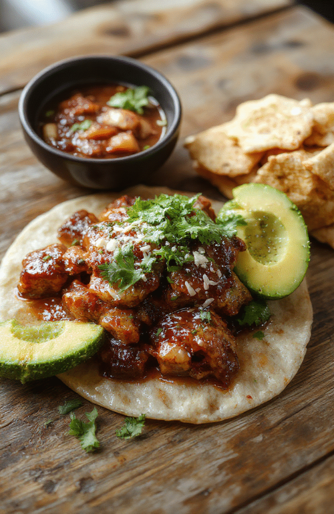 A vibrant bowl of Mexican Birria with tender shredded beef floating in rich, spicy red broth, topped with chopped cilantro and diced onions, served alongside warm corn tortillas, with a rustic wooden background showing the textures of the stew and crispy tortillas.
