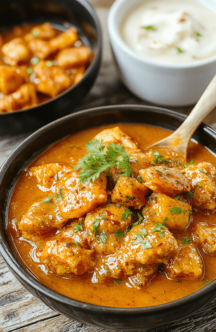 A vibrant bowl of Indian butter chicken with rich golden sauce, garnished with fresh cilantro, served on a white plate with a side of naan bread, textured and colorful, styled simply with a rustic backdrop.