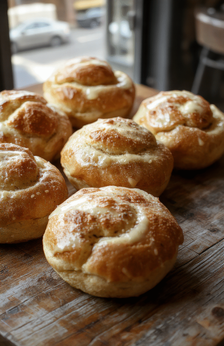A close-up of fluffy, golden breakfast rolls arranged on a rustic wooden board, topped with a pat of melting butter and drizzled honey, styled with a cozy background featuring a checkered cloth and fresh ingredients, showcasing their soft texture and appealing shape.