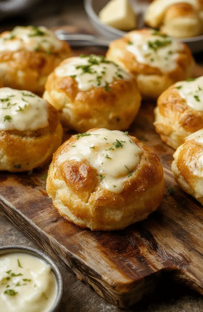 A close-up of golden fluffy garlic butter bread rolls arranged on a rustic wooden board, topped with melted butter and sprinkled with fresh herbs, exuding warmth and inviting textures, with a soft-focus background that emphasizes their soft, pillowy interior.