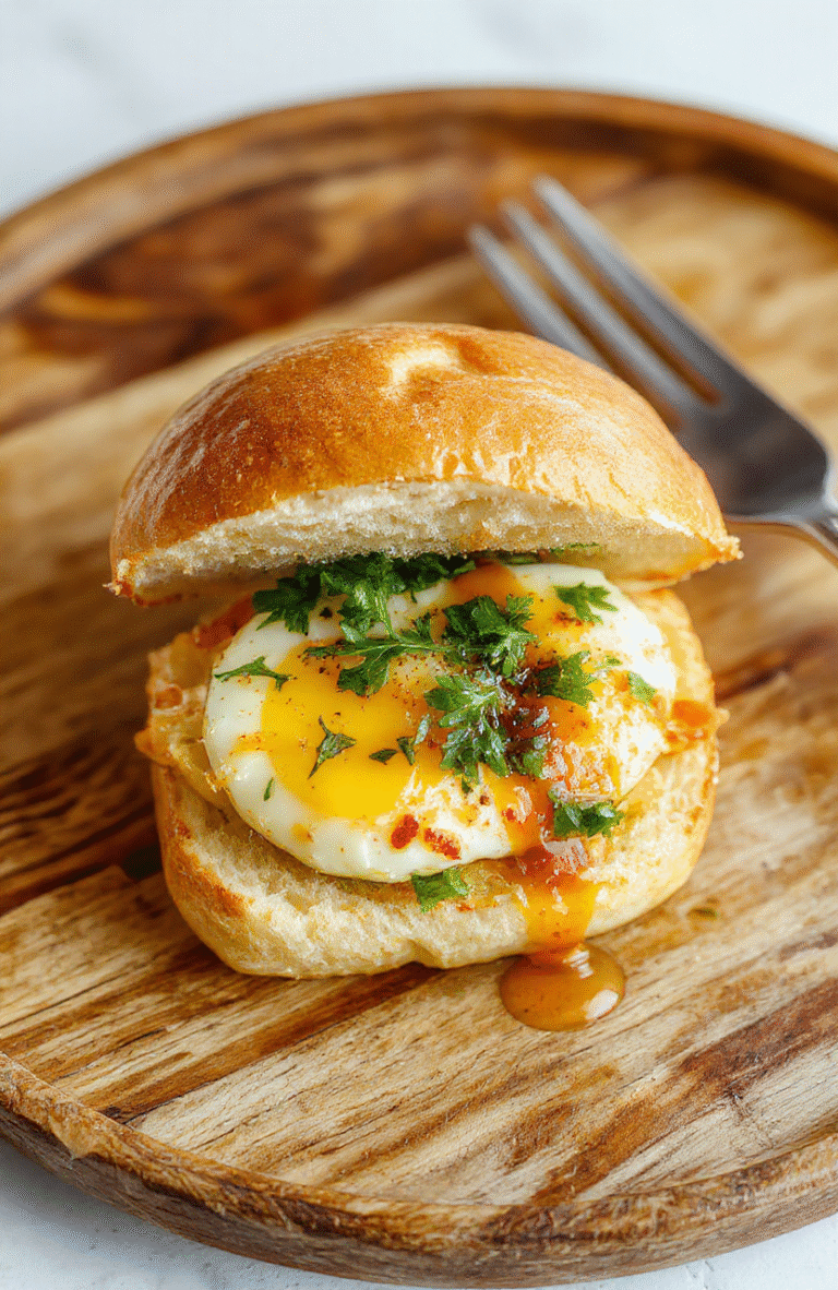 A vibrant, neatly stacked Japanese egg sandwich on a rustic wooden plate, showcasing fluffy golden egg filling between soft white bread slices, garnished with fresh greens and a drizzle of sauce, styled in a casual, inviting setting with natural daylight.