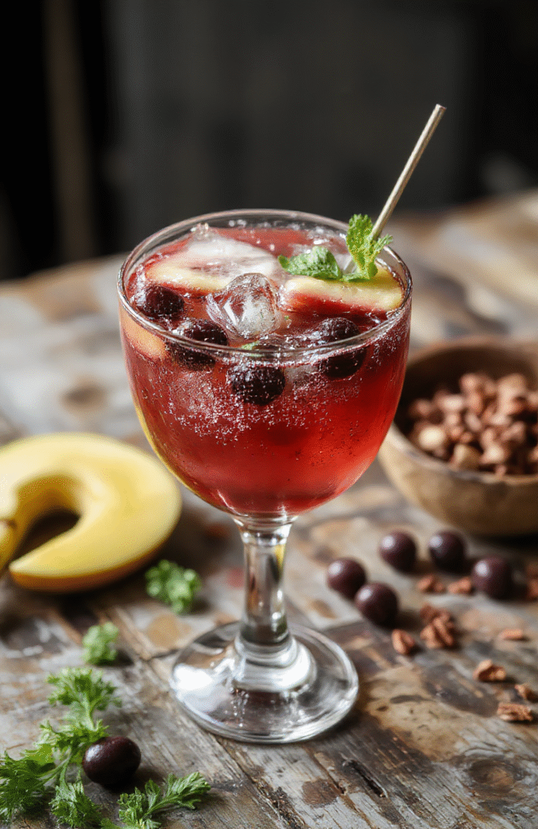 A vibrant, colorful cocktail in a tall glass garnished with fresh fruit slices and a whimsical witch-themed stirrer, set against a blurred festive background with bubbles rising, colorful lighting, and a playful, spooky atmosphere.