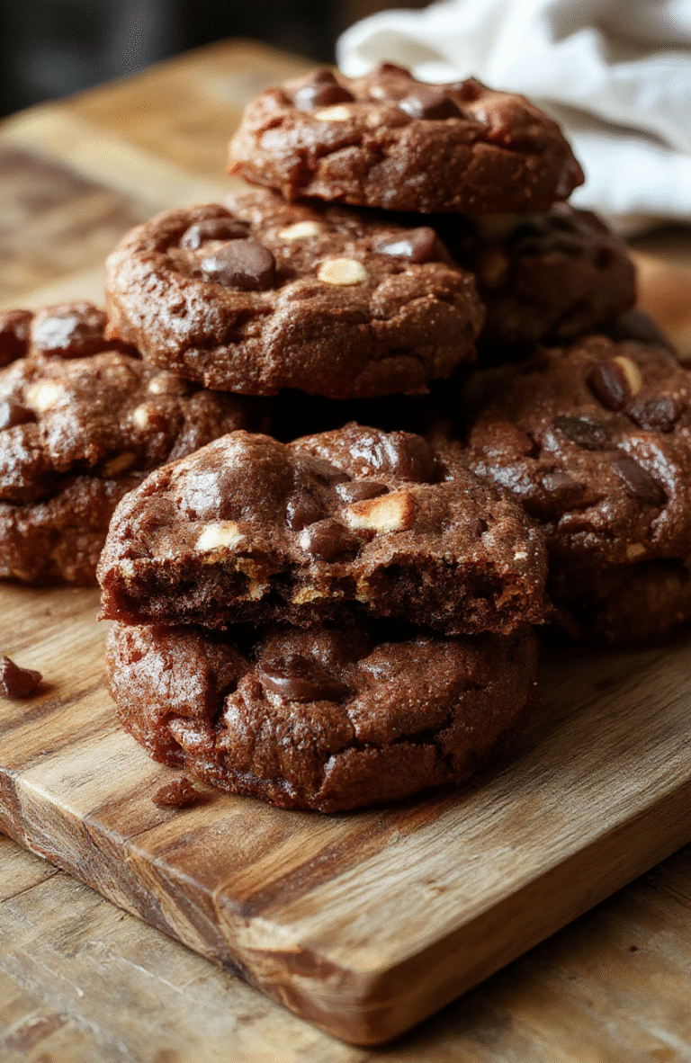 A close-up of fudgy, chewy brookies arranged on a rustic wooden board. The brookies feature a glossy chocolate top layer with visible swirls of cookie dough and fudgy brownie textures. The vibrant, rich brown tones contrasted with the soft, chewy interior make the dessert look decadent and inviting, styled with a simple background and natural lighting highlighting their luscious texture.