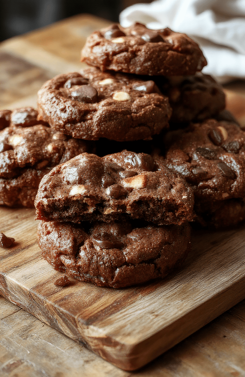 A close-up of fudgy, chewy brookies arranged on a rustic wooden board. The brookies feature a glossy chocolate top layer with visible swirls of cookie dough and fudgy brownie textures. The vibrant, rich brown tones contrasted with the soft, chewy interior make the dessert look decadent and inviting, styled with a simple background and natural lighting highlighting their luscious texture.