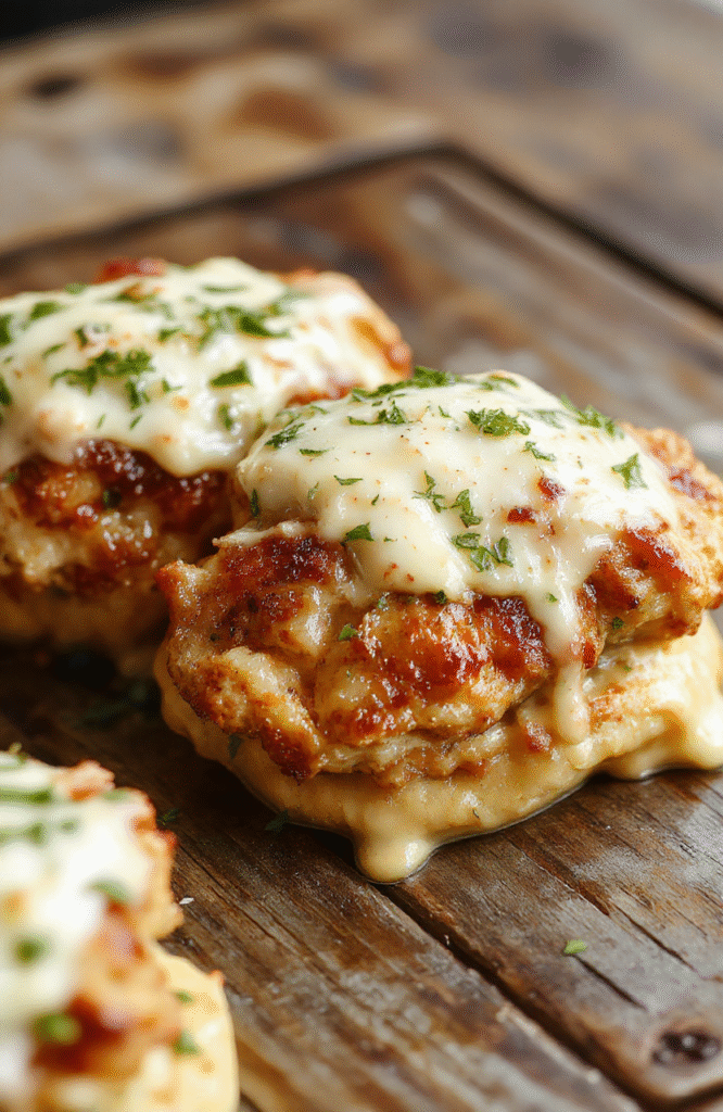 A vibrant plate featuring golden garlic butter chicken bites garnished with fresh herbs, served alongside rich, creamy parmesan pasta with a sprinkle of grated cheese, all styled on a rustic wooden table with soft natural light highlighting the textures and colors.