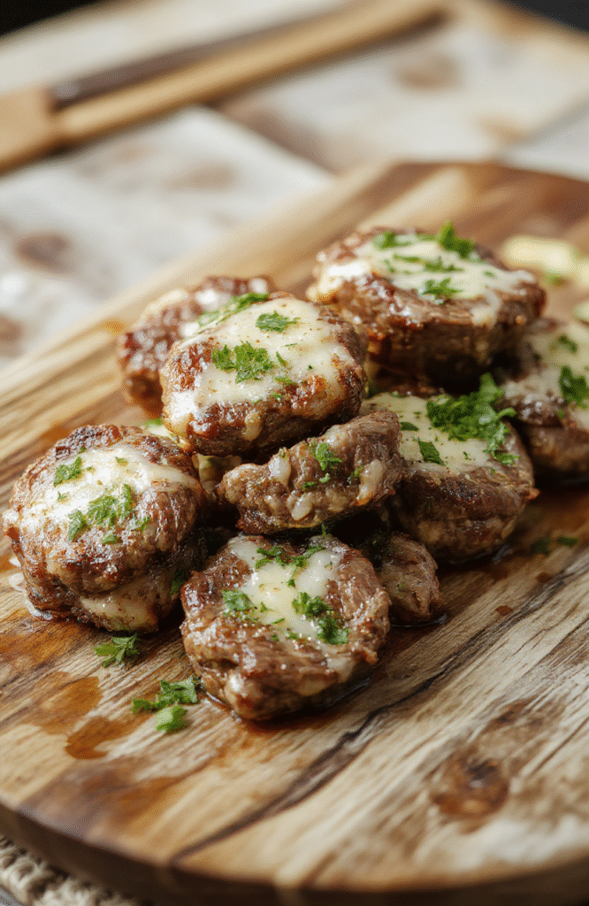 A close-up of sizzling garlic butter steak bites on a rustic wooden plate. Juicy, golden-brown pieces of steak coated in melted garlic butter, garnished with fresh herbs, with a soft-focus background highlighting the rich textures and vibrant colors.