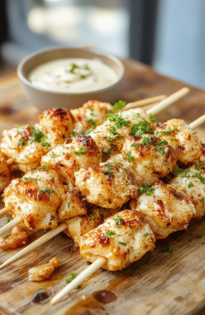 Colorful garlic parmesan chicken skewers arranged neatly on a white ceramic plate, garnished with fresh parsley, with a golden crispy exterior and tender interior, set against a rustic wooden background with subtle herbs and garlic cloves for garnish.