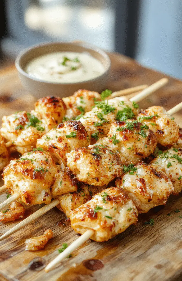 Colorful garlic parmesan chicken skewers arranged neatly on a white ceramic plate, garnished with fresh parsley, with a golden crispy exterior and tender interior, set against a rustic wooden background with subtle herbs and garlic cloves for garnish.