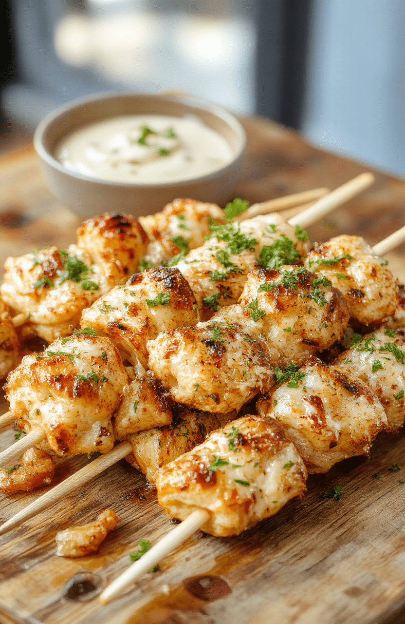 Colorful garlic parmesan chicken skewers arranged neatly on a white ceramic plate, garnished with fresh parsley, with a golden crispy exterior and tender interior, set against a rustic wooden background with subtle herbs and garlic cloves for garnish.