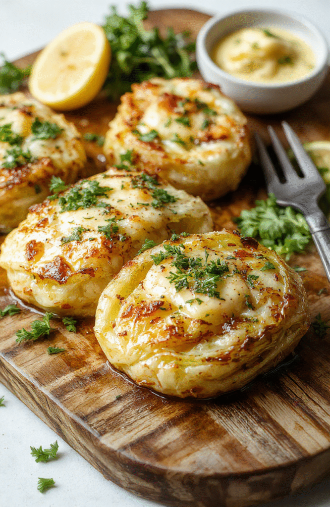 Colorful roasted cabbage steaks arranged on a rustic wooden board, topped with golden garlic butter, garnished with fresh herbs, showcasing crispy edges and tender centers, styled for a cozy homestyle presentation.
