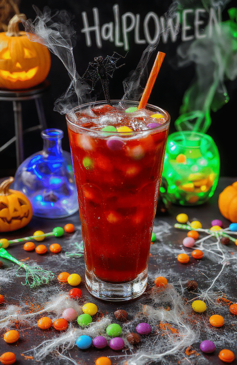 A spooky Halloween punch in a large clear bowl with vibrant purple and orange colors, garnished with dry ice fog, plastic eyeballs, and spooky black straws, all set on a dark themed Halloween table with pumpkin decorations and cobwebs, creating a festive and eerie atmosphere with colorful candies and glow sticks nearby.