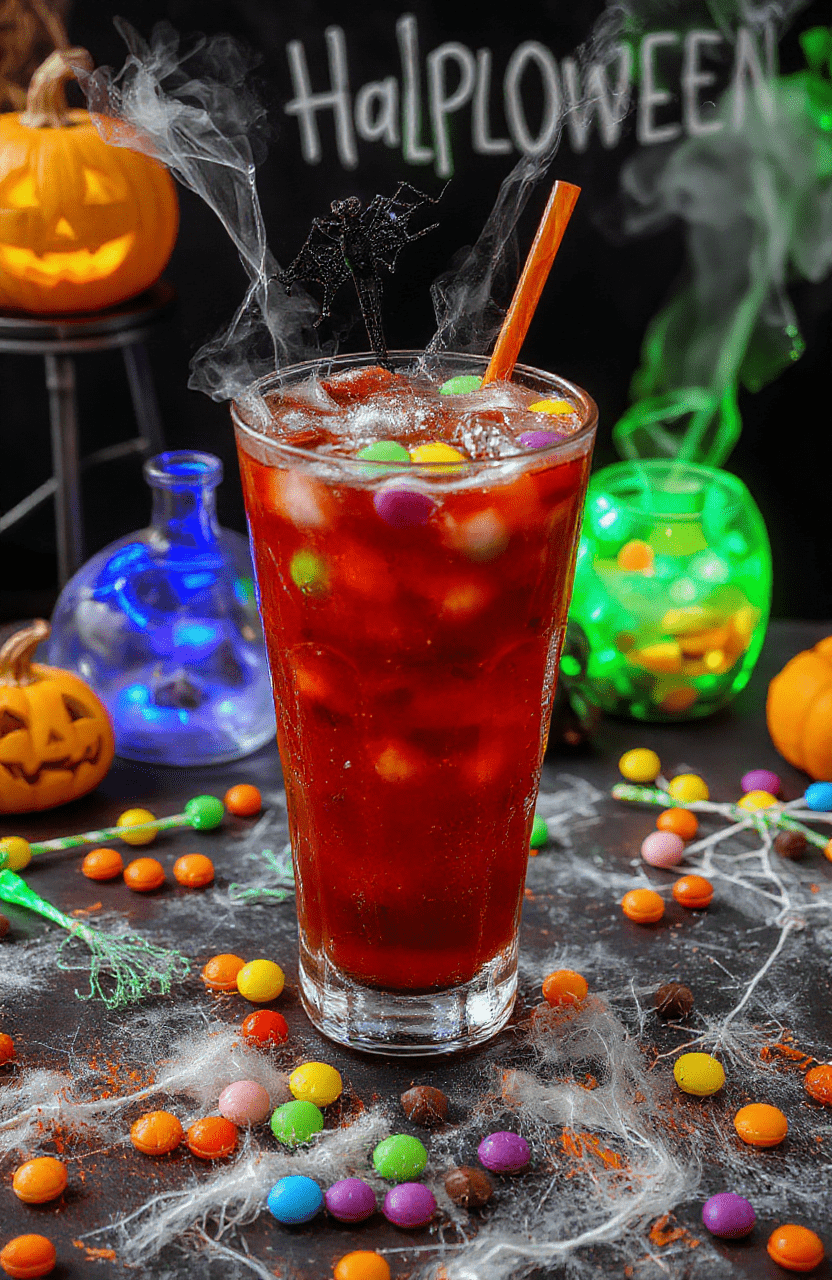 A spooky Halloween punch in a large clear bowl with vibrant purple and orange colors, garnished with dry ice fog, plastic eyeballs, and spooky black straws, all set on a dark themed Halloween table with pumpkin decorations and cobwebs, creating a festive and eerie atmosphere with colorful candies and glow sticks nearby.