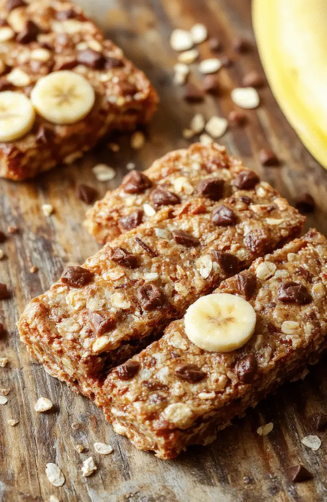 A colorful plate featuring square banana oatmeal bars with visible banana slices and oats, arranged on a rustic wooden surface with scattered oats and banana slices, styled with fresh mint leaves for a fresh look, captured in natural daylight showing soft textures and vibrant colors.
