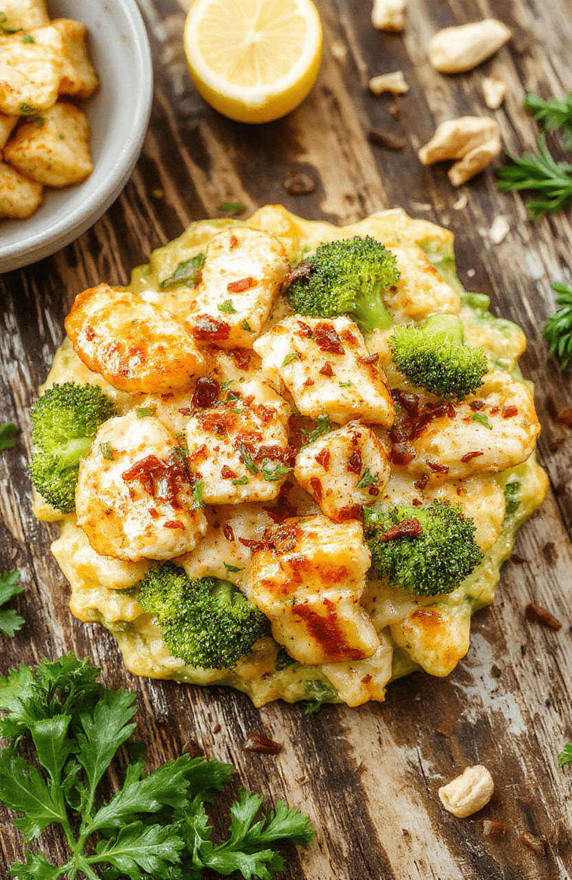 A colorful broccoli chicken casserole in a white ceramic dish, topped with melted cheese and fresh herbs, surrounded by vibrant broccoli florets and tender chicken pieces, styled on a rustic wooden table with natural light highlighting the textures and textures of the dish.