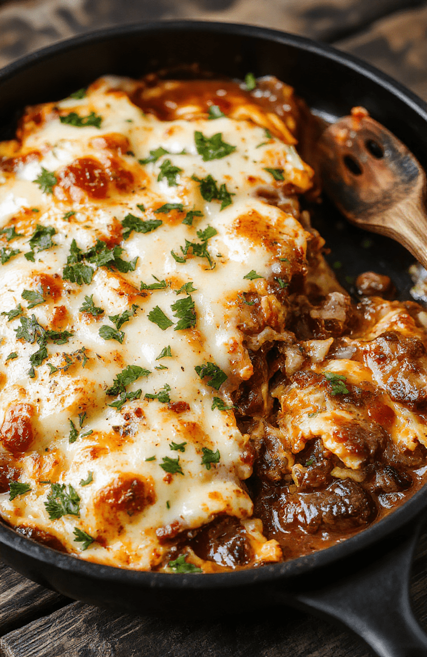 A vibrant, colorful enchilada skillet served in a rustic cast iron pan, topped with melted cheese, fresh cilantro, and sliced jalapenos, surrounded by ripe tomatoes and avocado slices, with a spoon for serving, styled simply on a wooden surface.