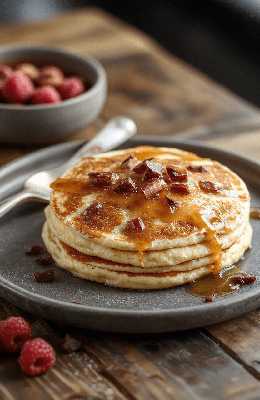 A stack of fluffy whole wheat and banana pancakes topped with fresh berries and a drizzle of honey, on a rustic wooden table, with a side of yogurt and a glass of orange juice, vibrant colors, enticing textures, styled minimally for a cozy breakfast vibe.