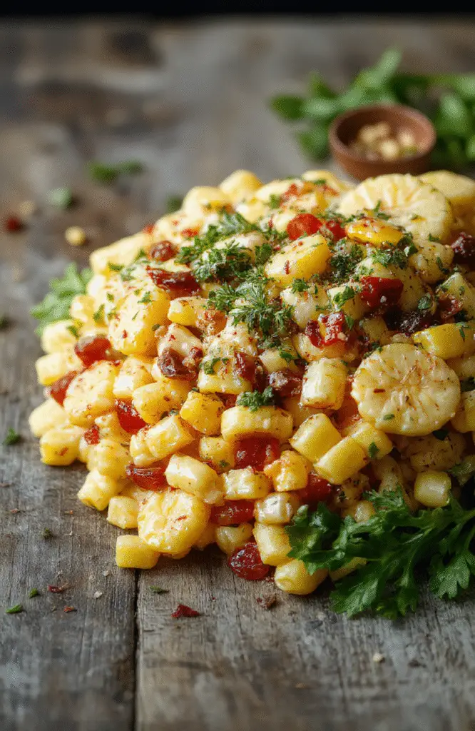 A vibrant colorful bowl of street corn pasta salad featuring curled pasta, charred corn kernels, chopped herbs, and crumbled cheese on a rustic wooden table, styled with fresh lime wedges and cilantro for a sunny, fresh summer look.