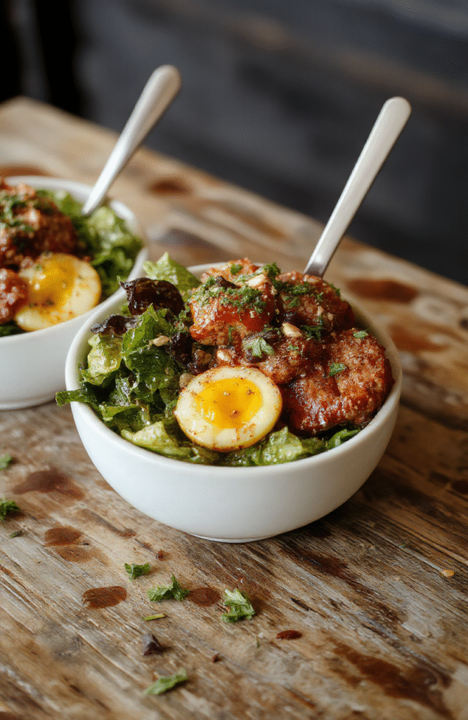 A vibrant burger bowl featuring colorful fresh vegetables, juicy grilled meat, and a drizzle of sauce on a rustic wooden table, styled casually with a fork and knife nearby