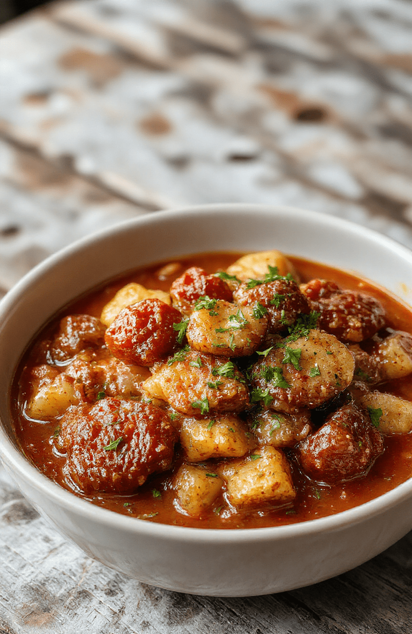 A rustic bowl filled with vibrant red German goulash, garnished with fresh herbs, served on a dark wooden table with rustic bread slices, steam rising, creamy textures contrast with tender beef and colorful vegetables, styled for a cozy meal presentation