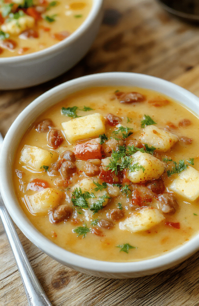 A steaming bowl of hearty lentil and potato soup with a rich, rustic texture, topped with fresh herbs on a wooden table, colorful vegetables and crusty bread nearby, styled casually with warm lighting.