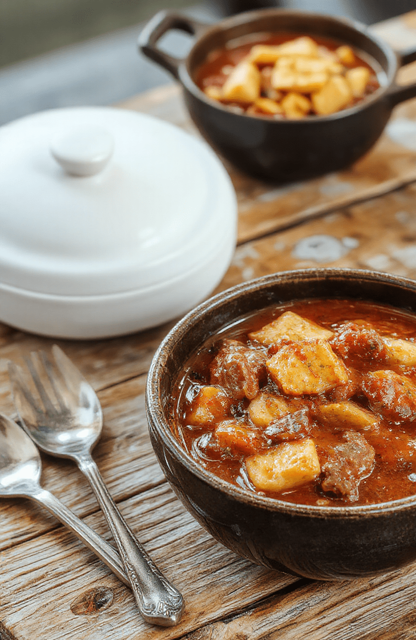 A rustic bowl of hearty cowboy stew with chunks of beef, kidney beans, corn, and tomatoes, garnished with fresh herbs on a wooden table, with a spoon partially submerged, highlighting the vibrant reds, browns, and yellows, textures of tender meat and vegetables, styled simply for a cozy, inviting presentation.