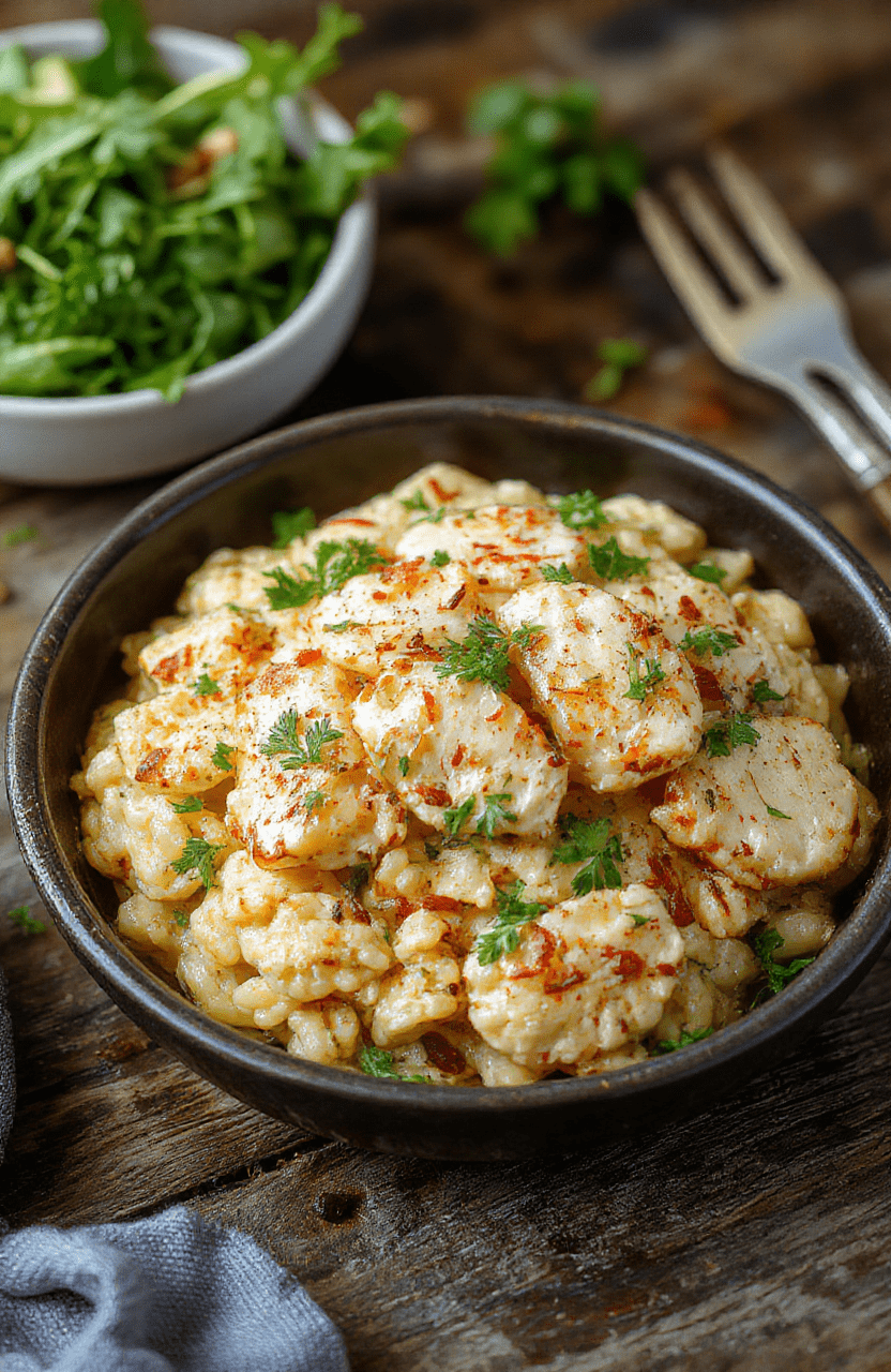 A vibrant close-up of a plated chicken orzo dish featuring tender chunks of grilled chicken atop a bed of flavorful, al dente orzo pasta, garnished with fresh herbs and colorful vegetables, styled on a rustic wooden surface with natural daylight highlighting the glossy texture of the dish and fresh ingredients.