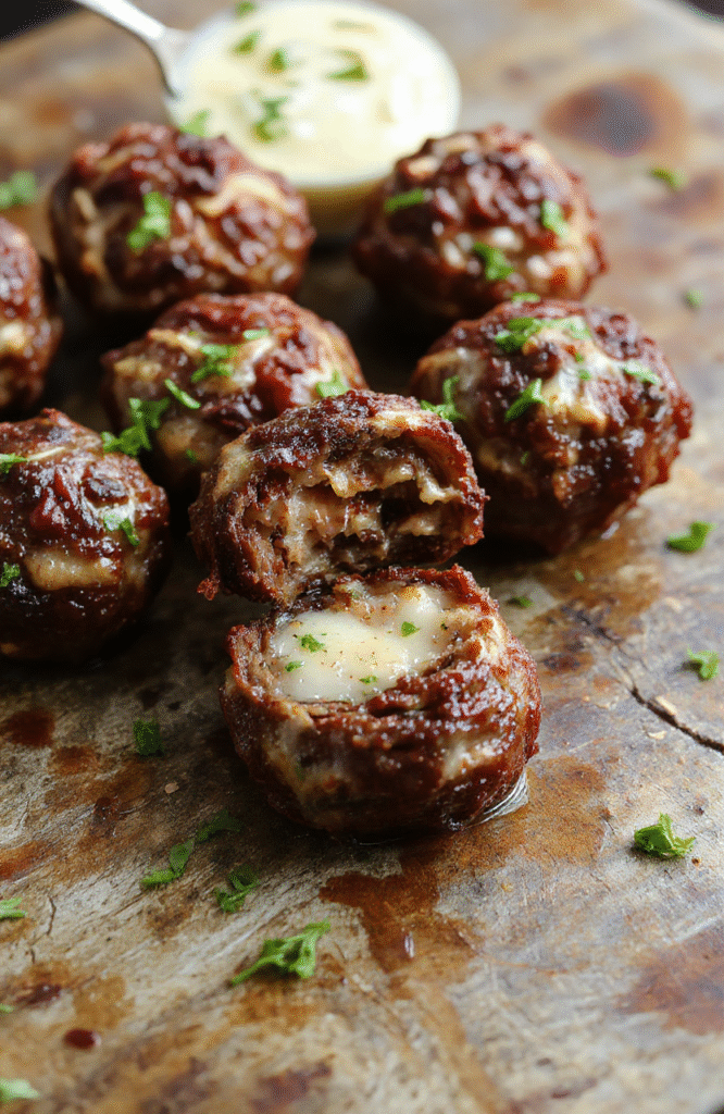 A close-up of juicy beef bites coated in golden garlic butter sauce, garnished with fresh herbs, served on a white plate with a rustic wooden table background, showcasing rich textures and vibrant colors