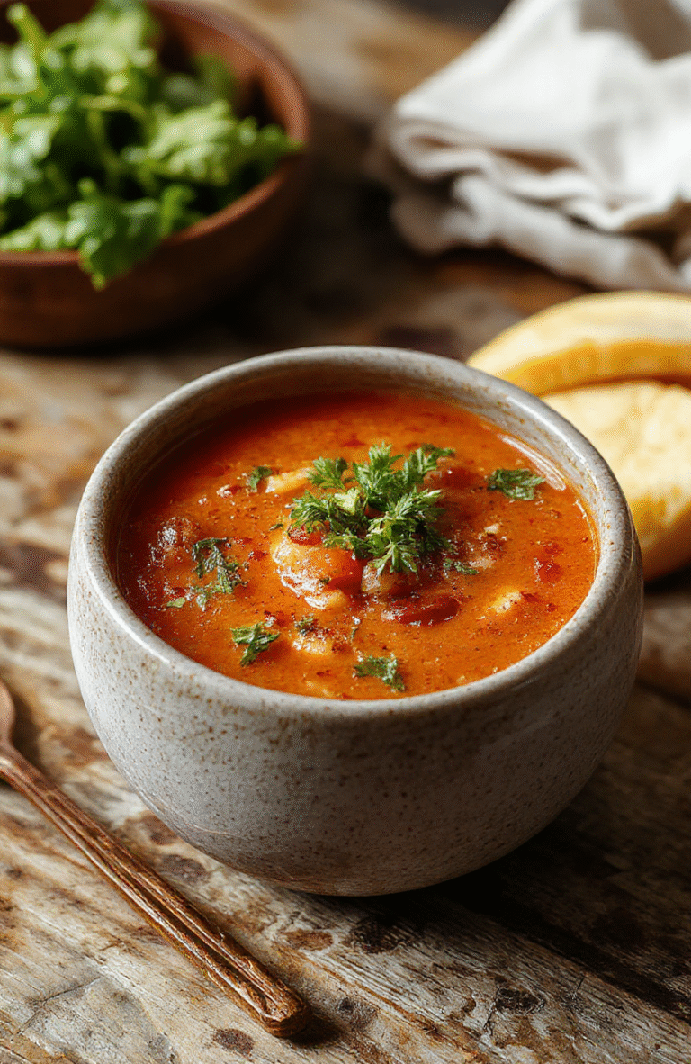 A warm bowl of vibrant red homemade tomato soup garnished with fresh basil leaves, served on a rustic wooden table with a spoon resting beside it, showcasing a smooth, creamy texture and inviting presentation.