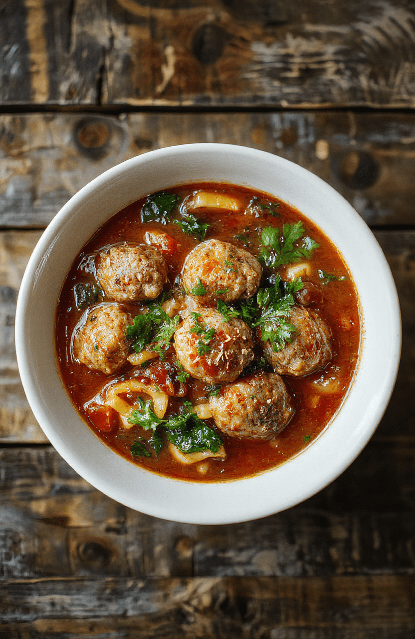 A vibrant bowl of Italian meatball soup with tender meatballs, chopped greens, and pasta in a rich tomato broth, garnished with fresh herbs, served on a rustic wooden table with a warm, inviting atmosphere.