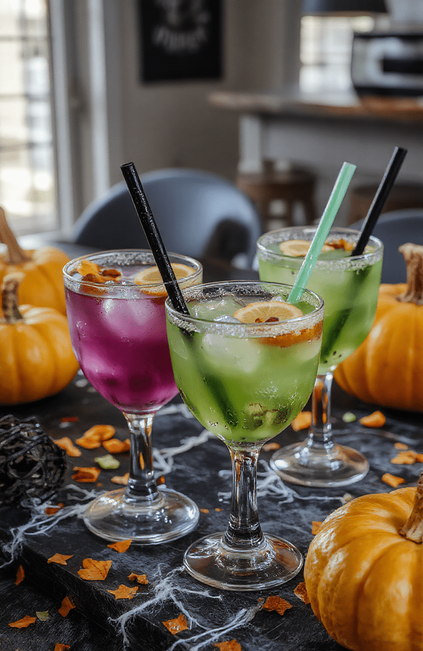 A vibrant Halloween-themed drink in a clear glass mug with orange and purple layers, topped with whipped cream, colorful sprinkles, and a mini marshmallow ghost. The drink features spooky edible decorations like candy eyes and gummy worms, surrounded by Halloween decor including black and orange straws, a spooky background with pumpkins and cobwebs, and a festive table setting.