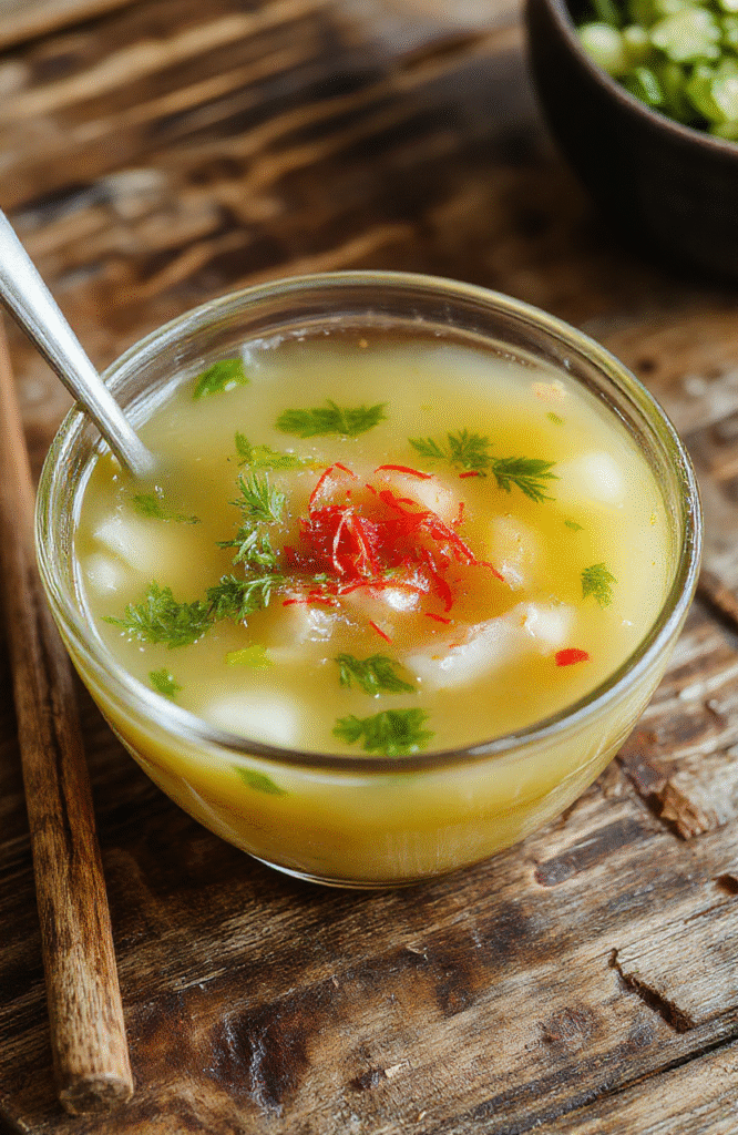 A steaming bowl of transparent Japanese clear soup with vibrant green scallions, slices of tender tofu, and delicate bonito flakes on top, served in a minimalist white bowl on a wooden tray, with a softly blurred traditional Japanese background.