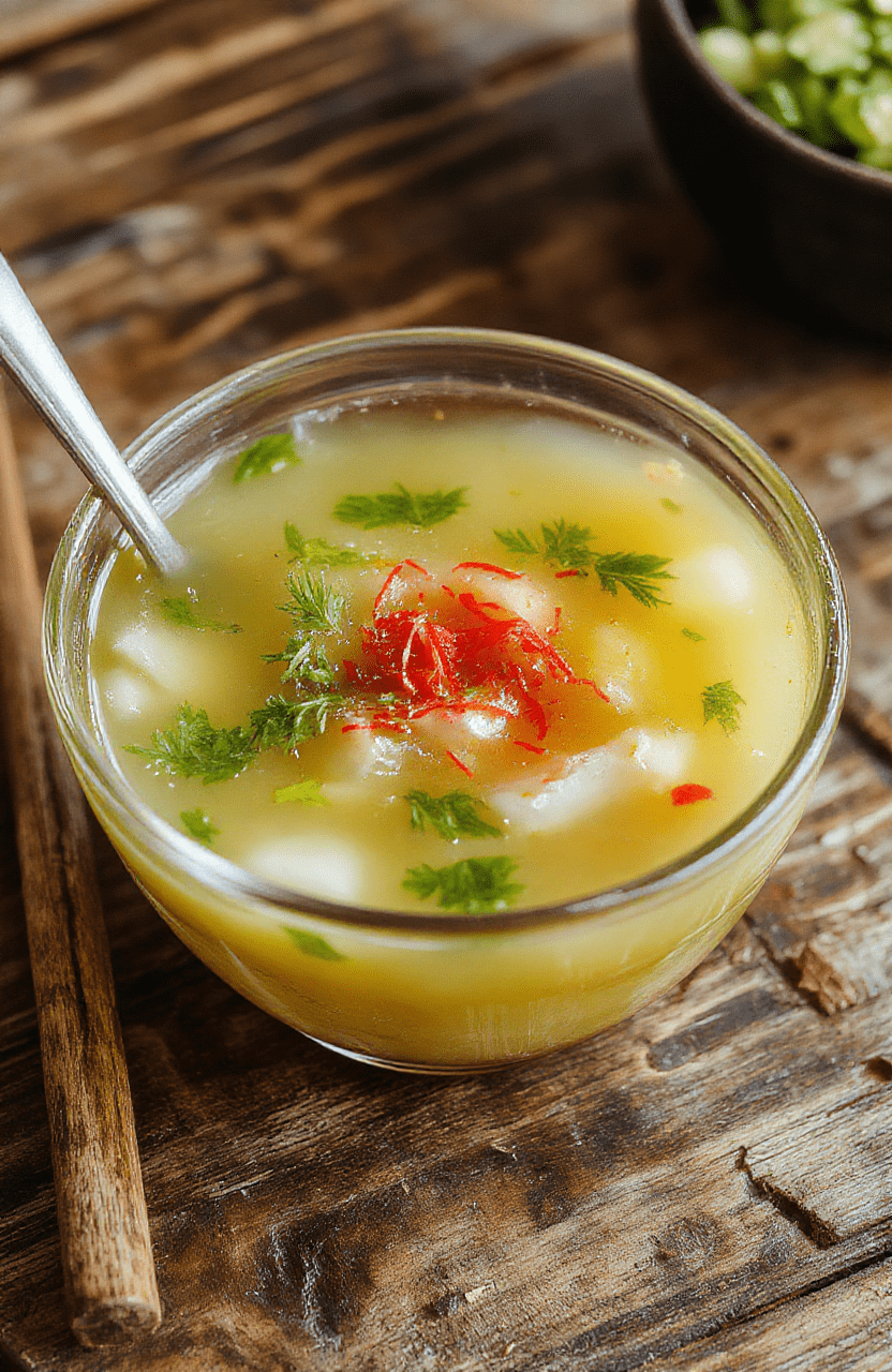 A steaming bowl of transparent Japanese clear soup with vibrant green scallions, slices of tender tofu, and delicate bonito flakes on top, served in a minimalist white bowl on a wooden tray, with a softly blurred traditional Japanese background.
