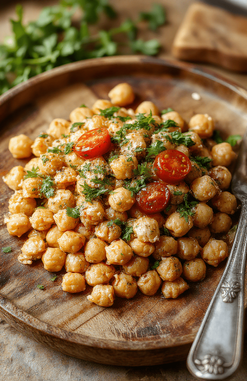 A vibrant bowl of Marry Me Chickpeas featuring golden roasted chickpeas, fresh herbs, cherry tomatoes, and creamy sauce, arranged beautifully on a rustic wooden plate, with a soft natural light illuminating the textures and colors, styled casually for an inviting, homestyle look.