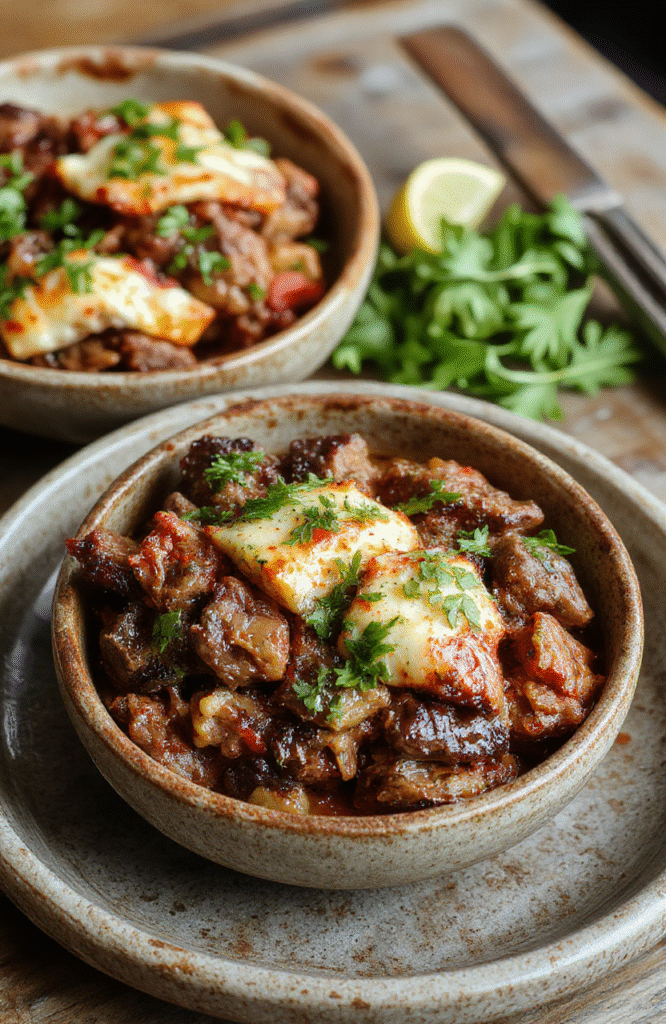 Colorful Mediterranean steak bowls featuring grilled slices of steak, vibrant cherry tomatoes, chopped cucumbers, feta cheese, olives, and fresh herbs arranged over a bed of fluffy rice with a drizzle of olive oil and lemon wedges, styled on a rustic ceramic plate with natural light highlighting textures and bright colors.