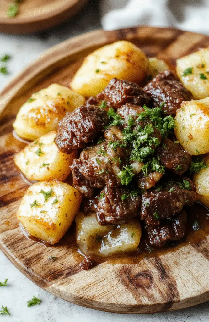 A close-up of tender beef bites glazed in golden garlic butter sauce, served alongside crispy roasted potatoes on a rustic wooden plate, garnished with fresh herbs, with a soft, inviting background.