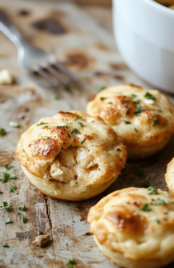 Colorful bite-sized chicken pot pies arranged on a rustic wooden platter, flaky golden crust, bubbling filling of chicken, peas, and carrots spilling slightly, garnished with fresh herbs, styled simply with a soft natural light highlighting textures.