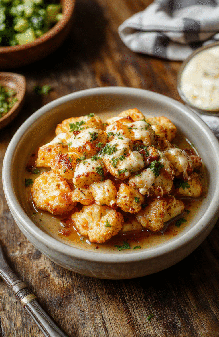 A vibrant plate of roasted cauliflower florets drizzled with creamy tahini and golden honey, garnished with fresh herbs, on a rustic wooden table, with a colorful background and natural lighting highlighting textures and colors.