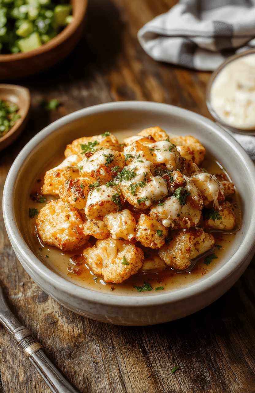 A vibrant plate of roasted cauliflower florets drizzled with creamy tahini and golden honey, garnished with fresh herbs, on a rustic wooden table, with a colorful background and natural lighting highlighting textures and colors.